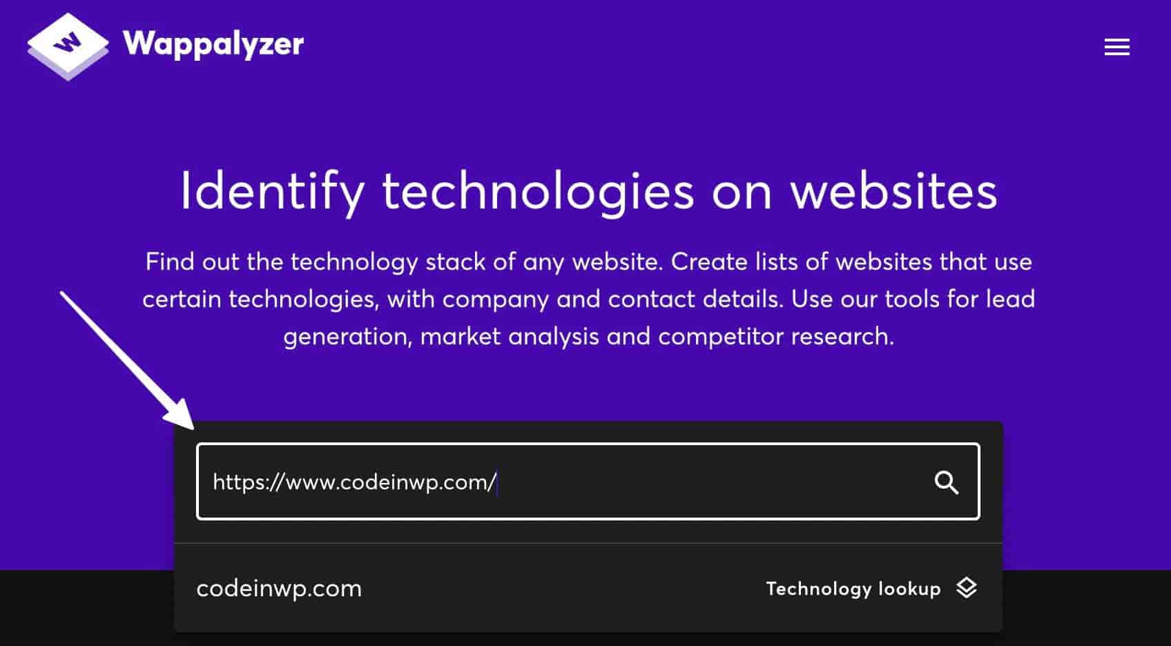 Eine Wappalyzer-Suche, um festzustellen, ob eine Website WordPress ist