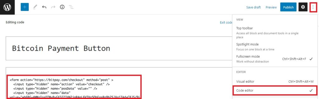 결제 버튼 코드 편집기 워드프레스에서 비트코인 ​​결제 수락