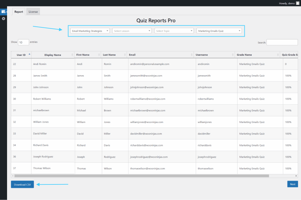 กำหนดเองดาวน์โหลดรายงานใน LearnDash-quiz-reports-PRO