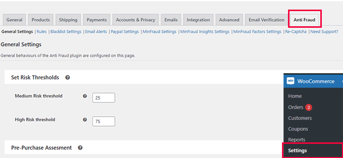 Ustawienia ochrony przed oszustwami Anti-Fraud settings