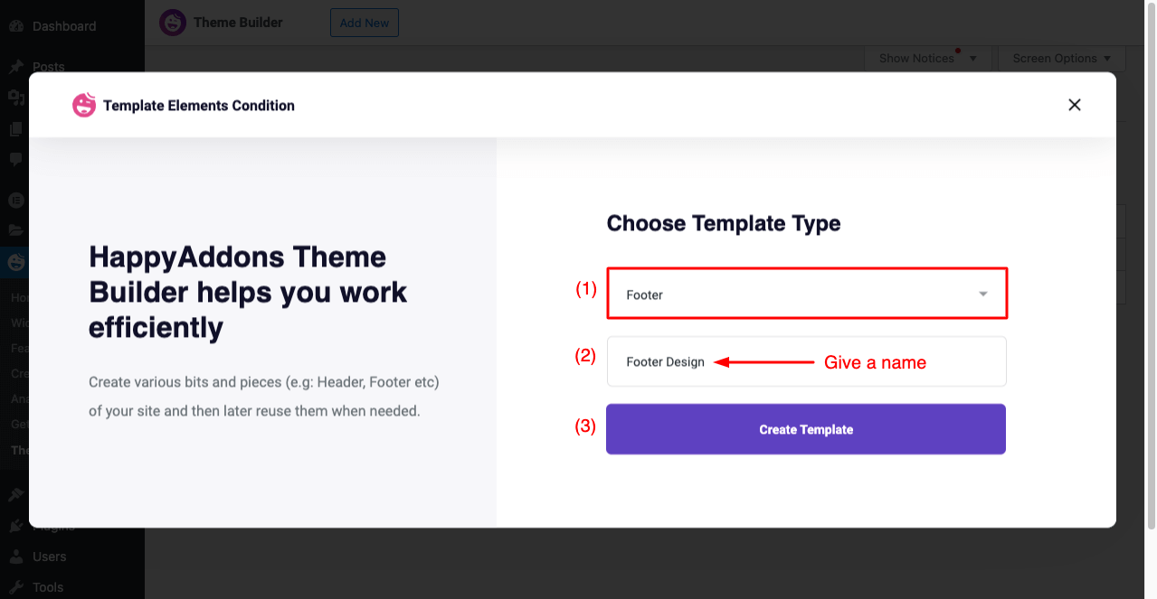 Cómo crear encabezado y pie de página en Elementor gratis (ejemplos + consejos) 13 Choose Footer from the Template Elements Condition