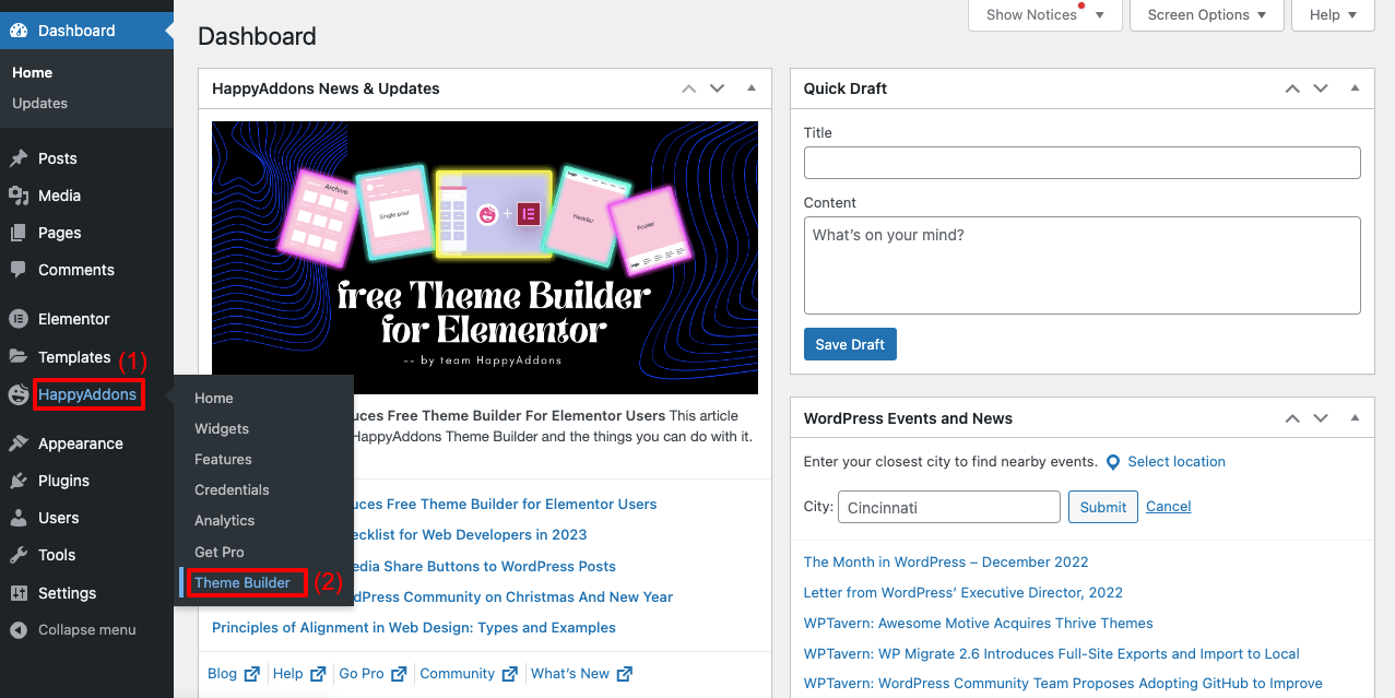 Cómo crear encabezado y pie de página en Elementor gratis (ejemplos + consejos) 2 Open Theme Builder from HappyAddons