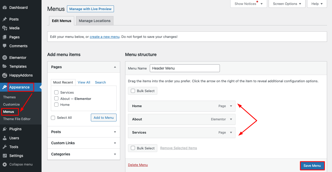 Cómo crear encabezado y pie de página en Elementor gratis (ejemplos + consejos) 8 Create Menu from the Appearance Section