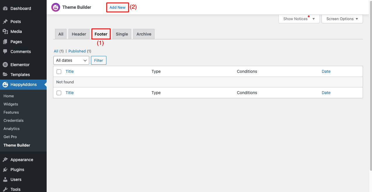 Cómo crear encabezado y pie de página en Elementor gratis (ejemplos + consejos) 12 Select Builder from HappyAddons Theme Builder