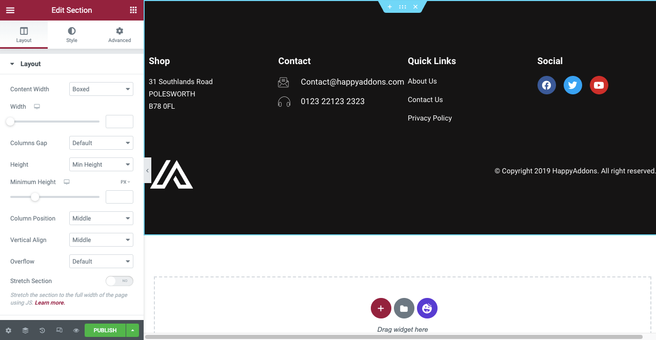 Cómo crear encabezado y pie de página en Elementor gratis (ejemplos + consejos) 14 Customize Your Footer with HappyAddons