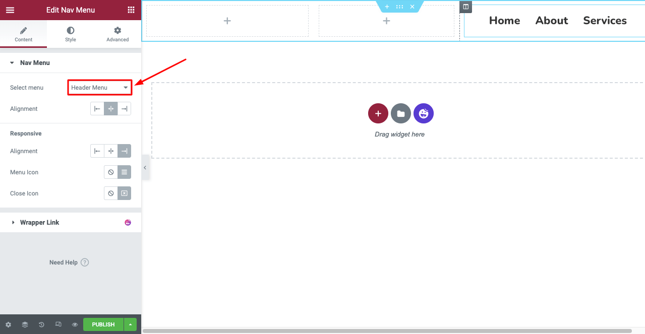 Cómo crear encabezado y pie de página en Elementor gratis (ejemplos + consejos) 7 Select Header Menu