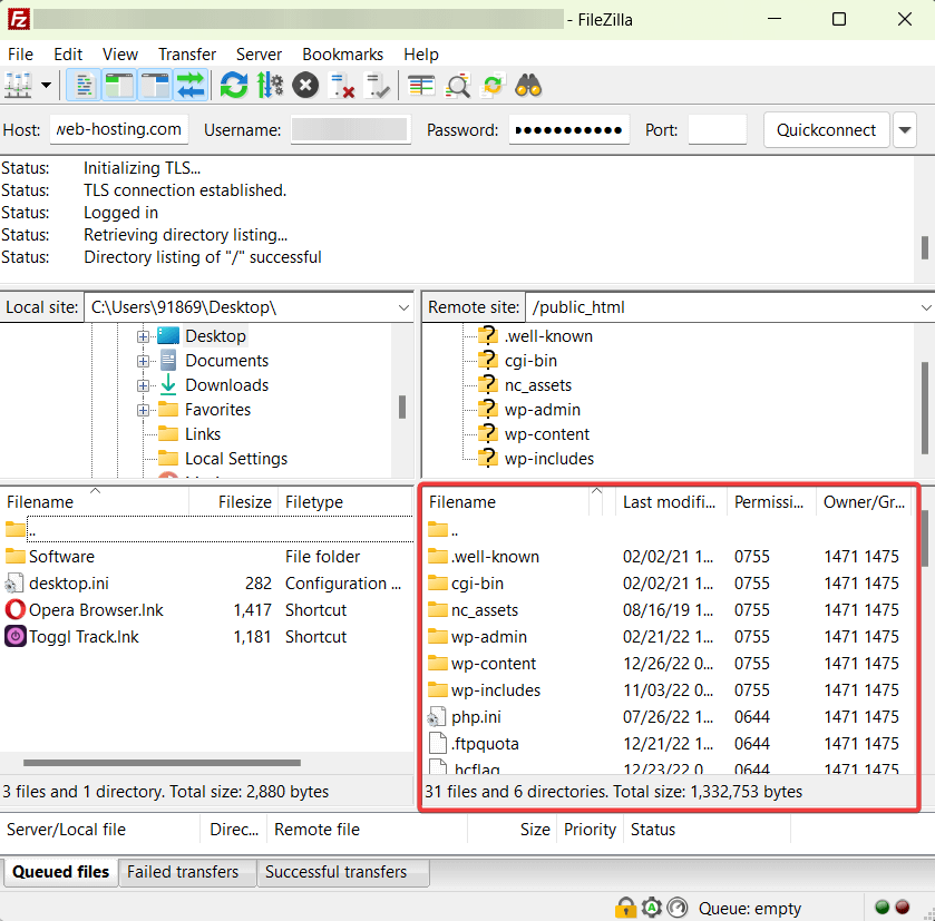 fișiere html publice în FileZilla