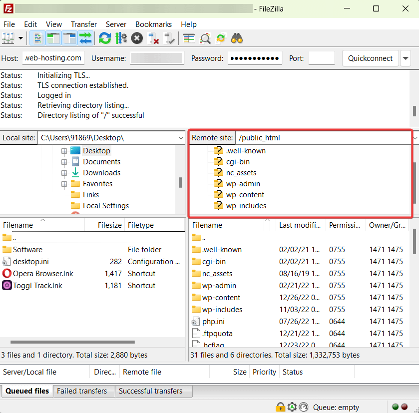 carpetas html públicas en FileZilla