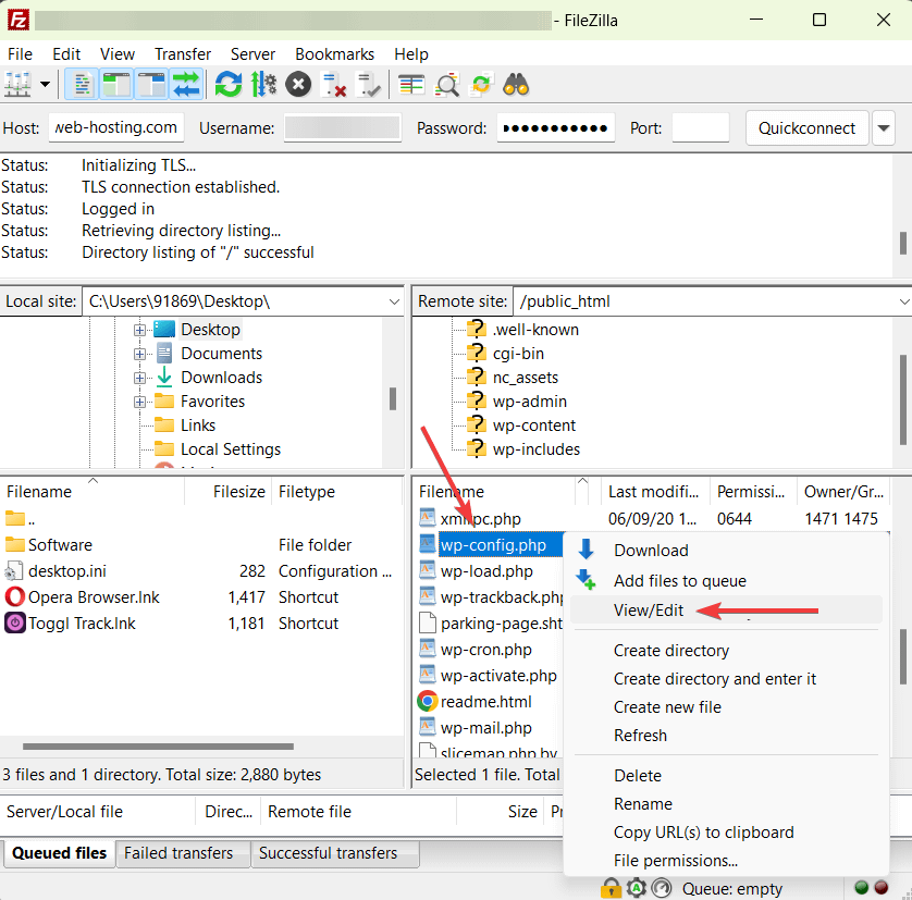 Bearbeiten der wpconfig-Datei in FileZilla