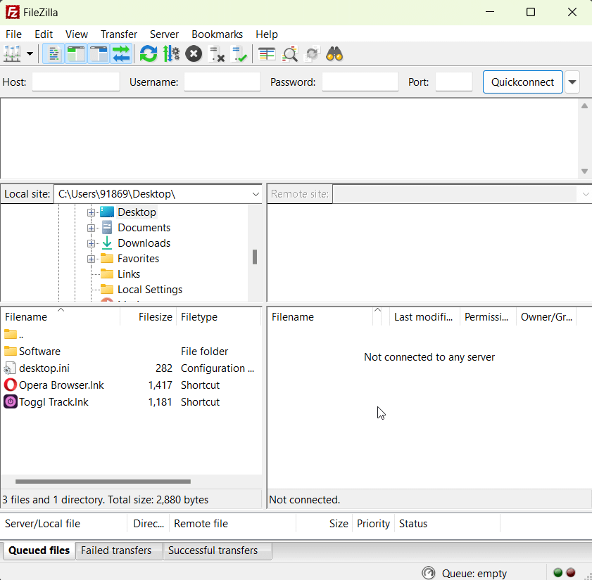 FileZilla penceresi