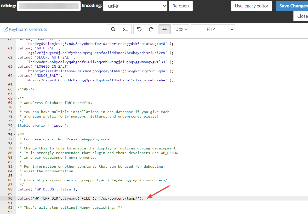 agregando un fragmento de código al archivo wpconfig