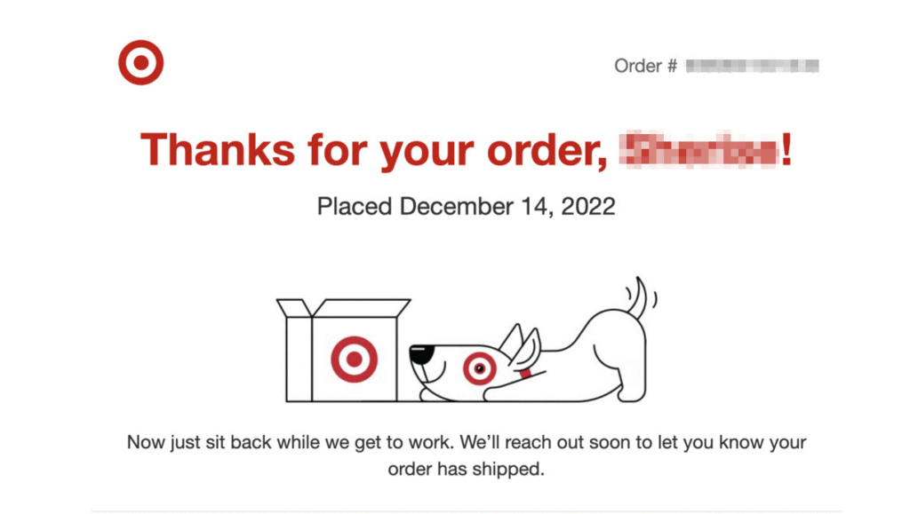 Página de agradecimento para um pedido de comércio eletrônico em Target.com.