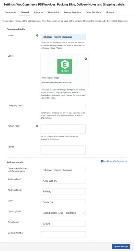 Allgemeine Einstellungen für WooCommerce-Rechnungen