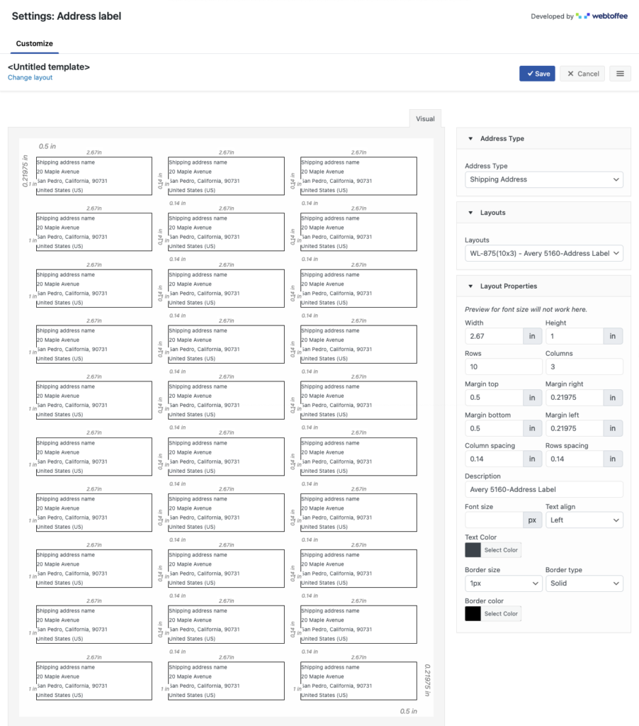 Einstellungen für Adressetiketten