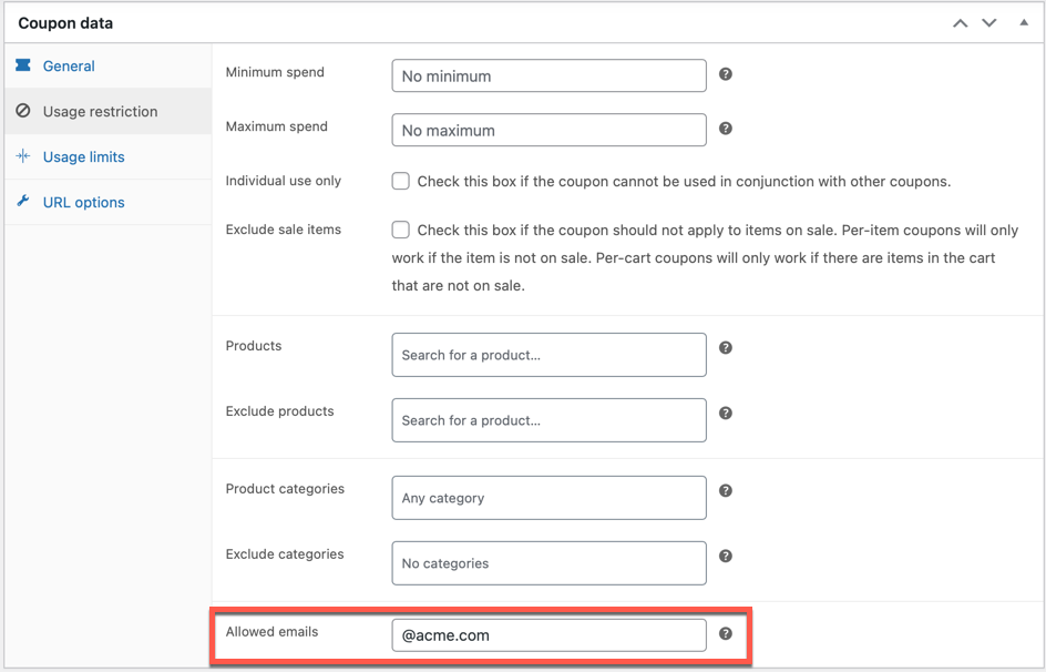 Configuration des remises sur les domaines de messagerie personnalisés WooCommerce