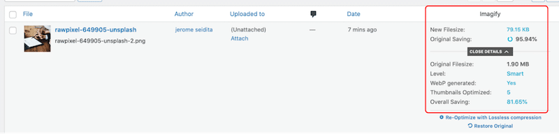 Resultados de optimización con Imagify - Fuente: Imagify