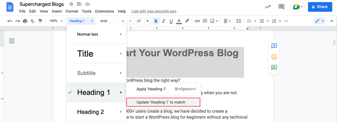 Dostosowywanie stylu nagłówka 1 w Dokumentach Google Customizing Heading 1 Style in Google Docs