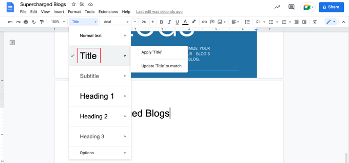 Wybieranie stylu tytułu w Dokumentach Google Selecting the Title Style in Google Docs