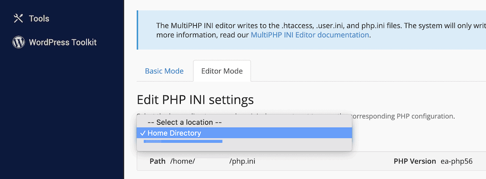 cPanel MultiPHP INI 편집기 내에서 사이트 선택.