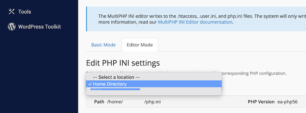 Choisir un site dans l'éditeur cPanel MultiPHP INI.