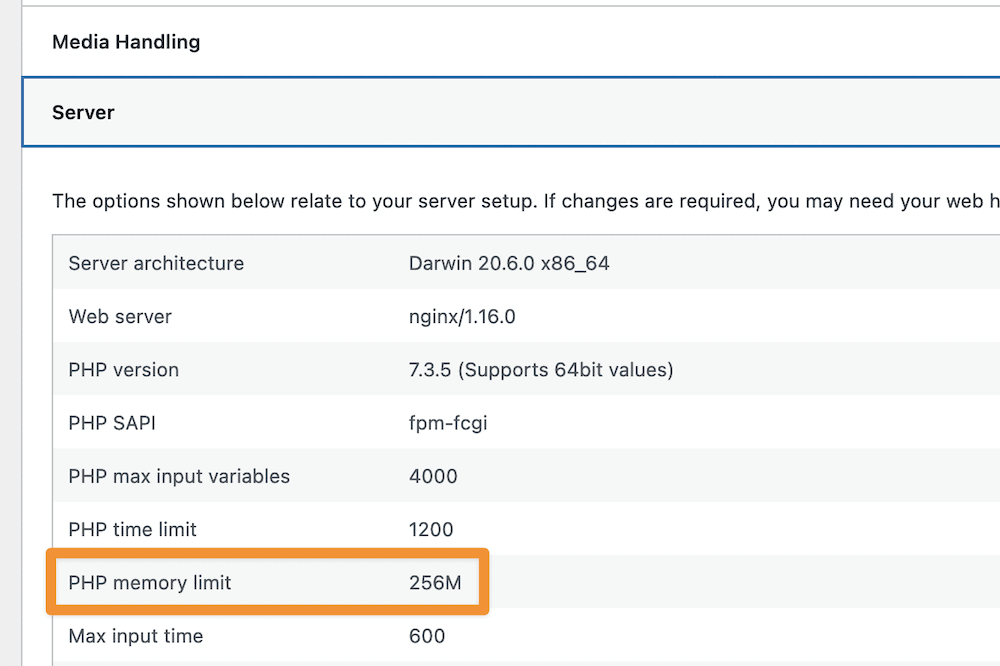 ค่าจำกัดหน่วยความจำ PHP ภายในหน้าจอสุขภาพไซต์ WordPress