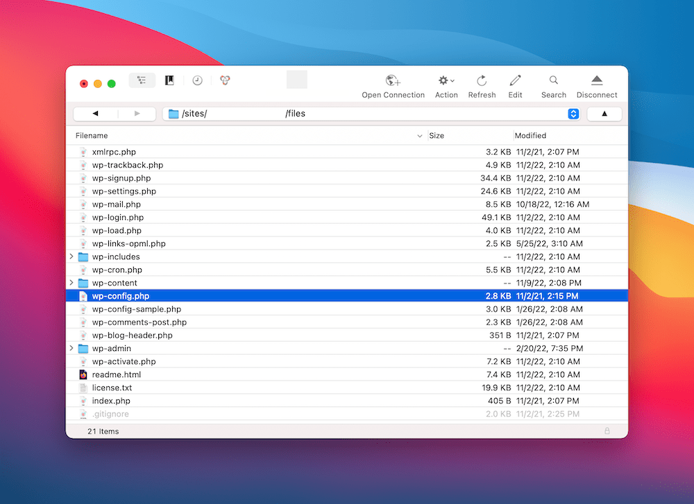 L'interfaccia di Cyberduck che mostra una serie di file del sito Web WordPress, evidenziando il file wp-config.php.
