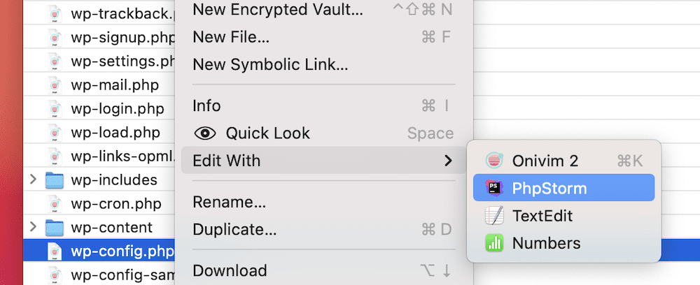 Opcje w Cyberduck do edycji pliku wp-config.php, podświetlając PhpStorm.