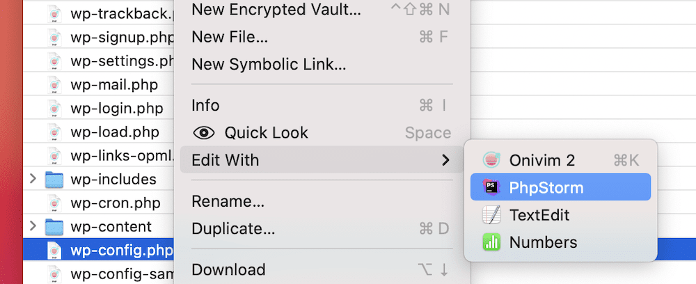 Cyber​​duck 中用於編輯 wp-config.php 文件的選項，突出顯示 PhpStorm。