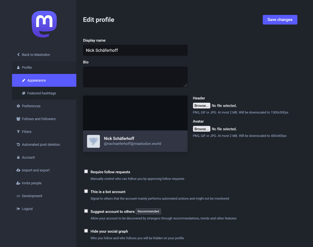 configurações de perfil mastodonte