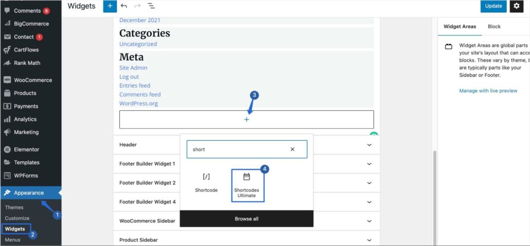 Busque el bloque Shortcodes Ultimate en la página de widgets