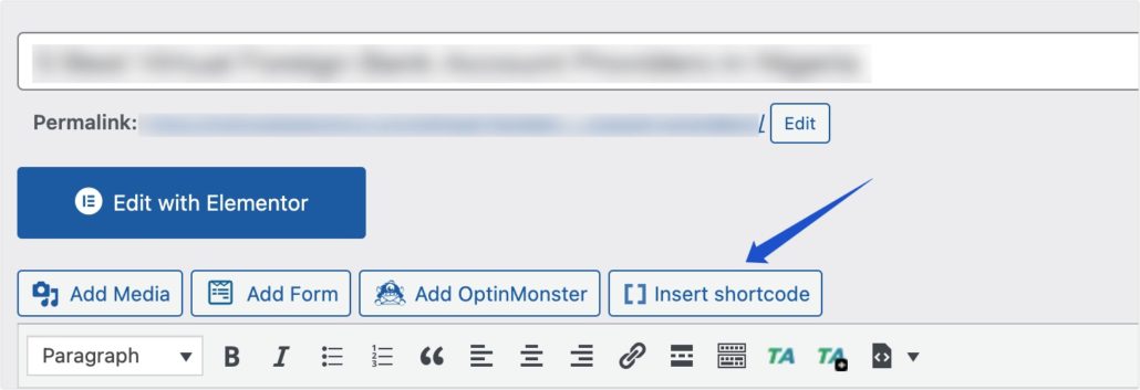 Haga clic en Insertar código abreviado en el editor clásico