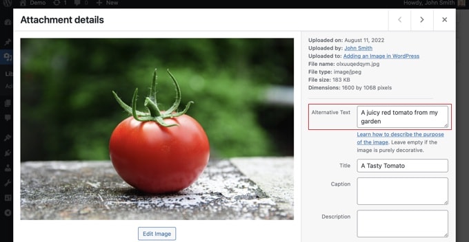 Visualizzazione o modifica del testo alternativo per la tua immagine nella libreria multimediale di WordPress Viewing or editing the alt text for your image in the WordPress media library