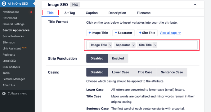 Personalizzazione del titolo dell'immagine in AIOSEO Customizing the Image Title in AIOSEO