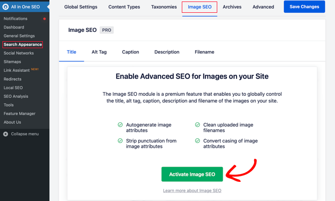 Attivazione del modulo Image SEO in AIOSEO Activating the Image SEO Module in AIOSEO
