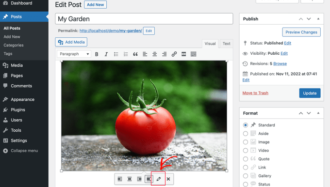 Modifica di un'immagine nell'editor classico di WordPress Editing an image in the WordPress classic editor