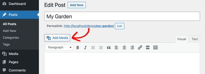 Fai clic su "Aggiungi media" nell'editor classico per aggiungere un'immagine al tuo post Click 'Add Media' in the classic editor to add an image to your post