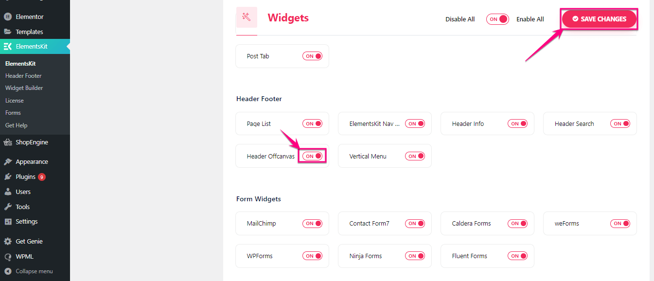 Tuval dışı menü eklemek için Elementskit'in tuval dışı widget'ını etkinleştirin
