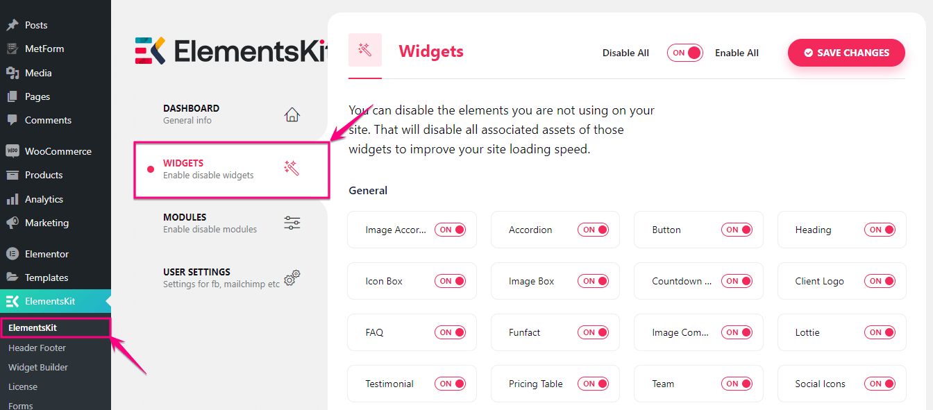 ElementsKit'in tuval dışı widget'ını etkinleştirin