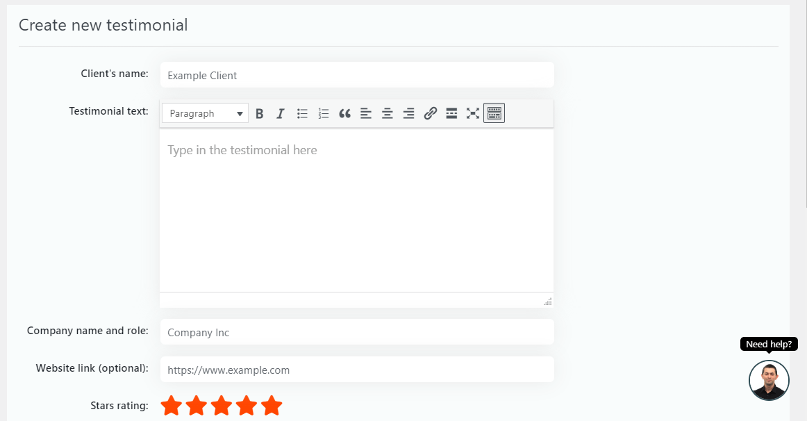 Creare una testimonianza in Stars Testimonials