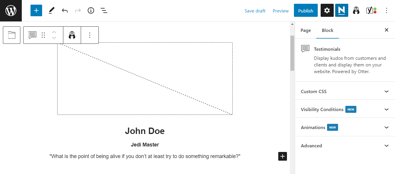 Aggiunta del blocco Testimonianze in WordPress
