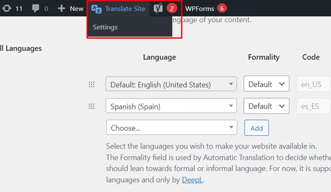 Yönetici çubuğundaki TranslatePress düğmesi