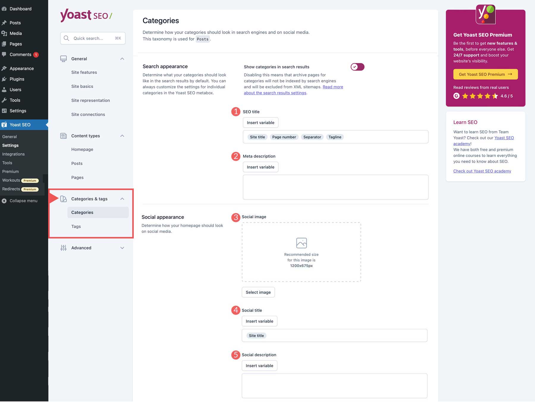 configuración de categoría