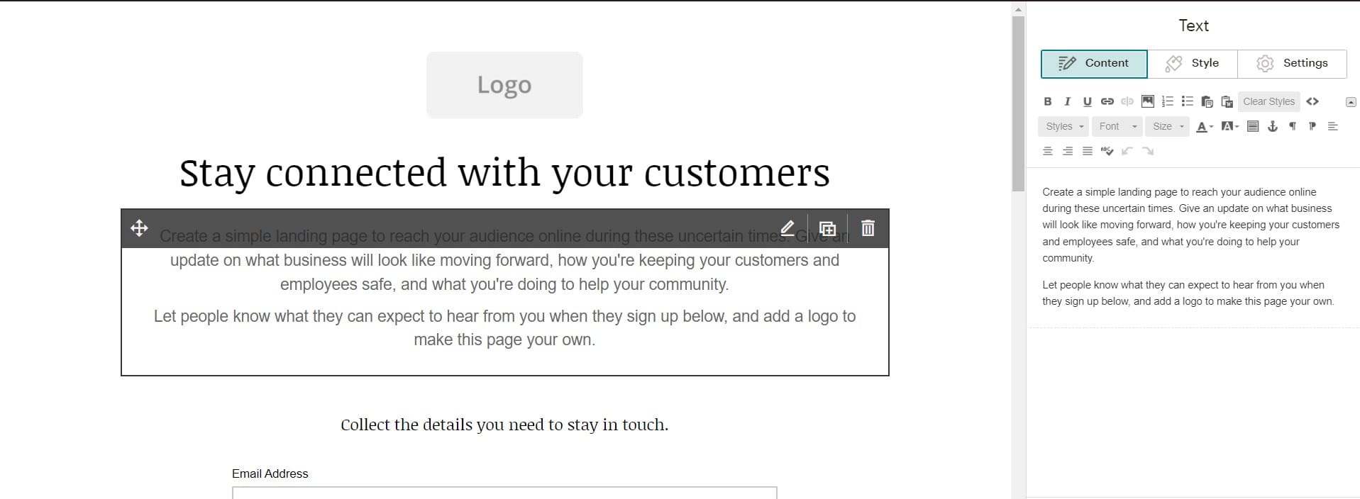Как создать лендинг в Mailchimp — редактирование текстового блока