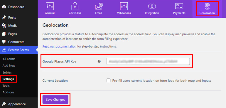 Google Places API キーを貼り付け