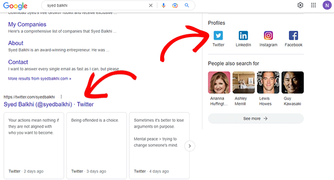 用户在搜索结果中的社交媒体资料 User's social media profiles in search results