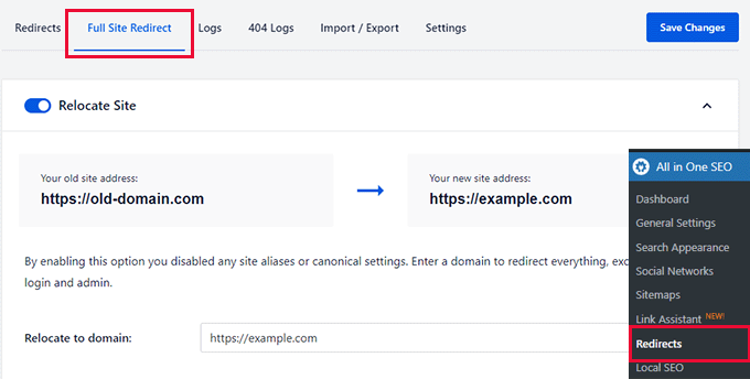 多合一 SEO 中的完整站点重定向 Full site redirect in All in One SEO