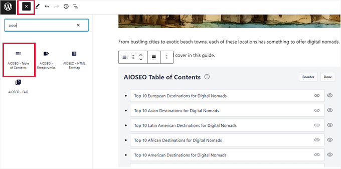 添加目录块 Add table of content block
