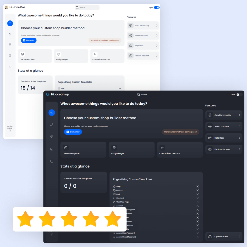 captura de tela do novo painel do plug-in premium Ocean eCommerce no modo claro e escuro