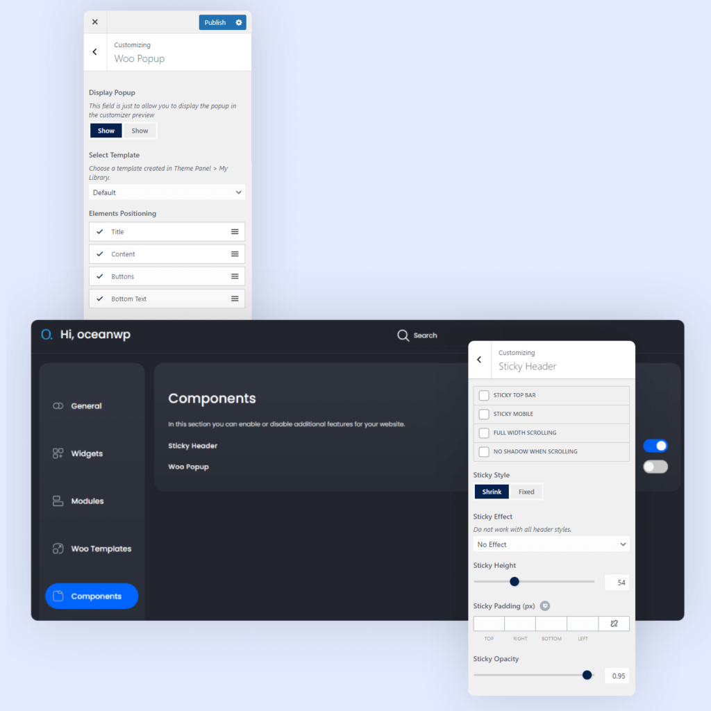 captura de tela do painel do plug-in premium Ocean eCommerce exibindo os pontos mais significativos da guia Componentes