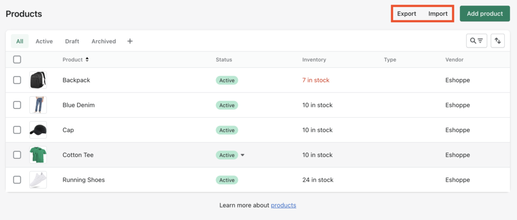 Shopify 中的產品導入導出工具